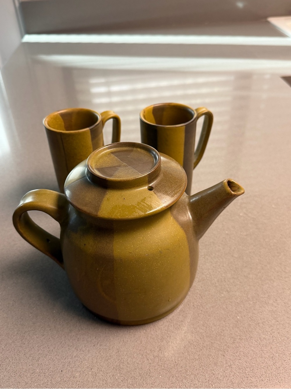 Vintage Taiwan Stoneware Teapot 2 Mug Set Brown Olive Retro Mid Century Style